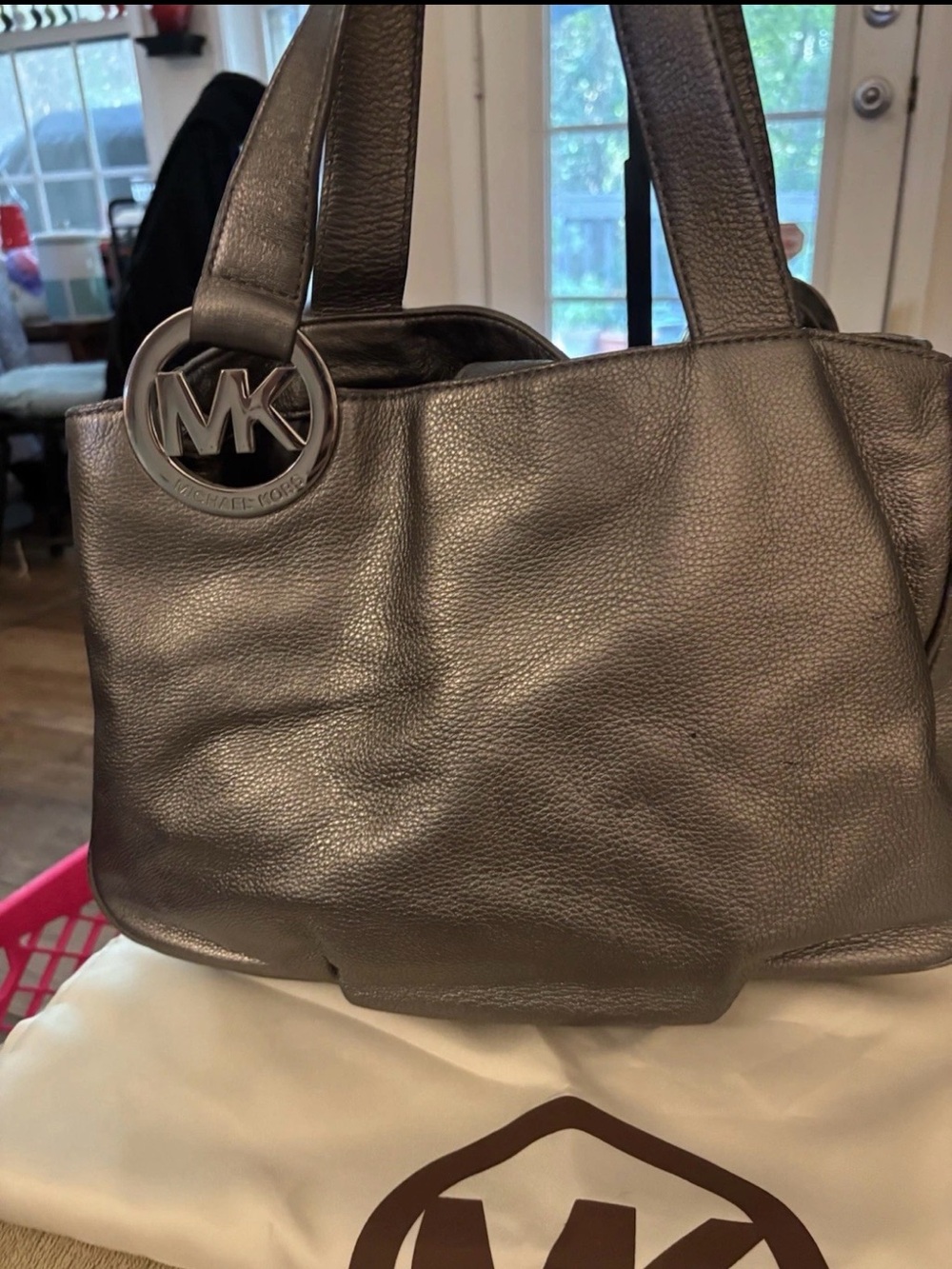 Michael Kors Metallic Pewter Leather Shoulder Tote